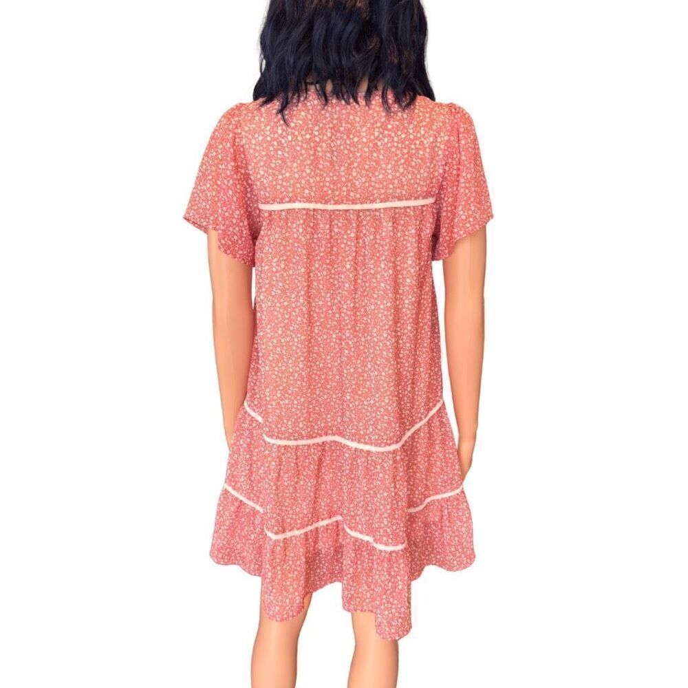 Promesa Boho Floral Mini Dress Small Pink Cottagecore Tiered Ruffle Tassel NWOT - Picture 5 of 6